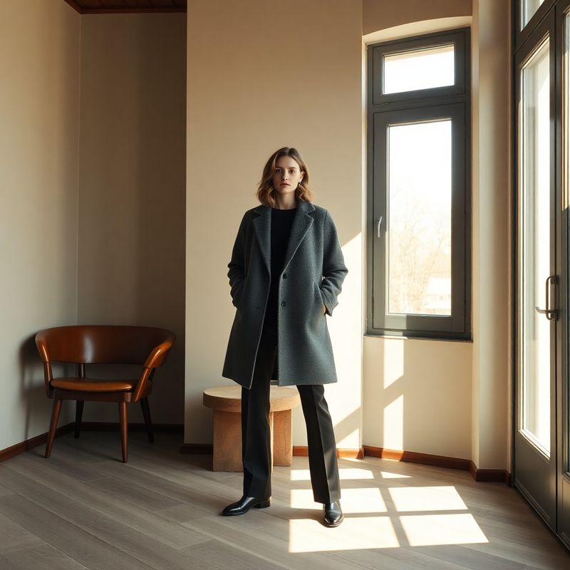 Model în palton structurat și pantaloni slim, fotografiat în lumina naturală a showroom-ului stone-mint