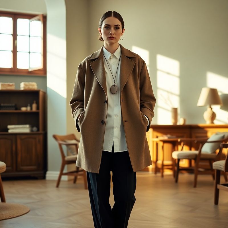 Look 1: palton oversize peste pantaloni cu talie înaltă, interior stone-mint