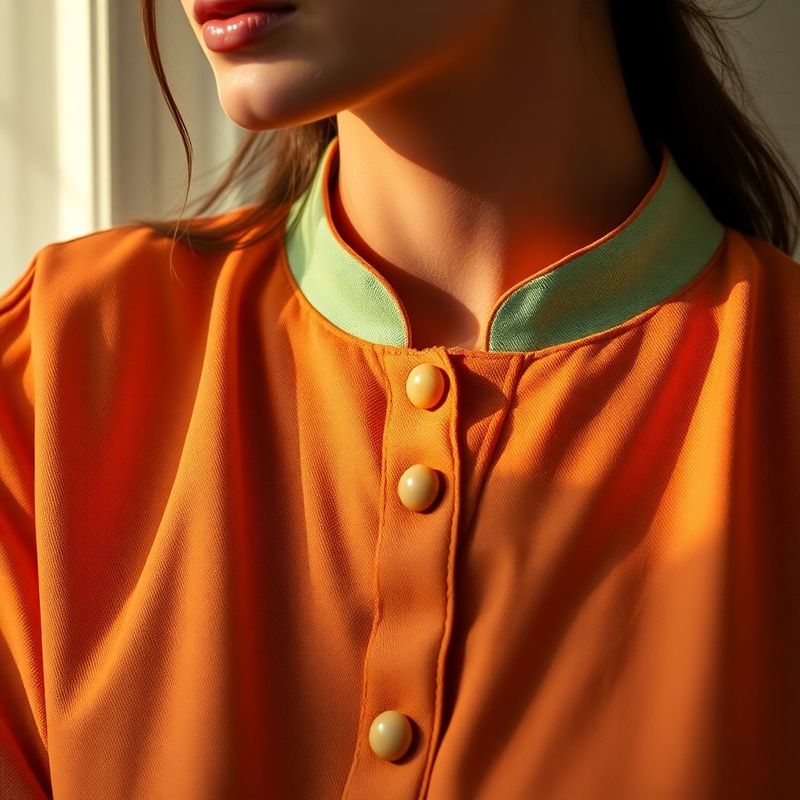 Look 2: detaliu guler mandarin cu accente mentă și nasturi ceramici