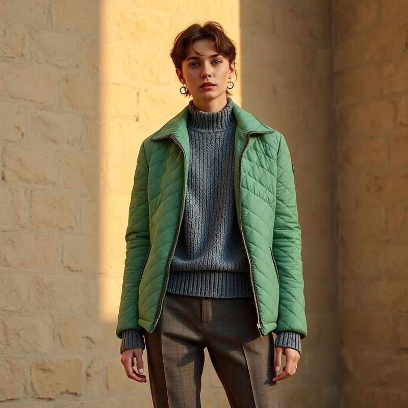 Look 3: jachetă matlasată mentă peste tricotaj gri piatră