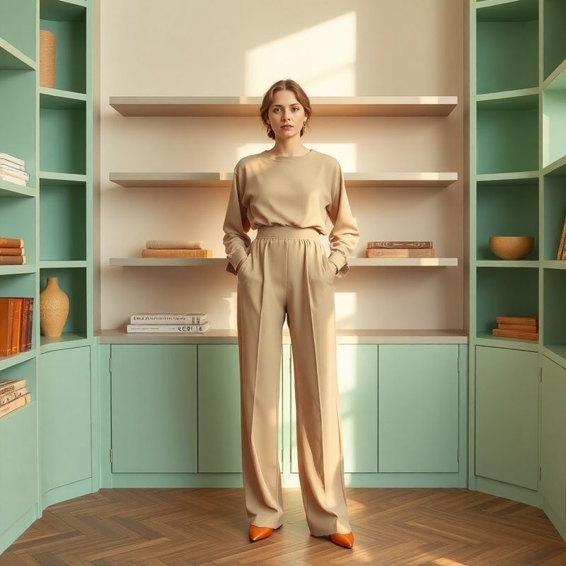 Look 4: pantalon drept bej piatră fotografiat lângă raft cu accente mentă