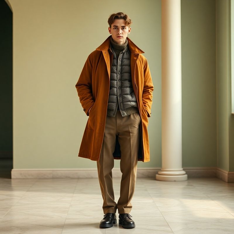 Look 5: silueta completă cu palton tehnic, jachetă matlasată și pantalon drept